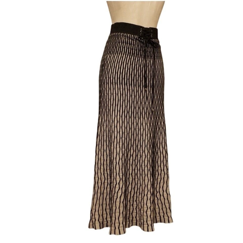 Lapis Boho Black Beige Wavy Knit Textured Corset Lace Up Waist Maxi Skirt Sz S